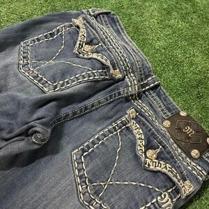 Y2K Miss Me Navy blue boot cut jeans with white stitching